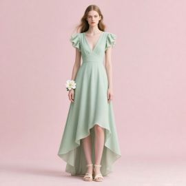 Mint Green High-Low Dress with Ruffled Sleeves | Elegant Bridesmaid & Formal Wear