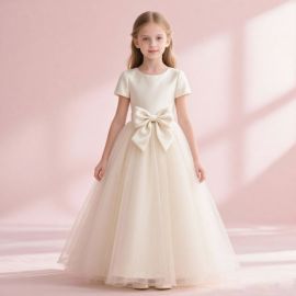 Elegant Girls' Tulle Dress with Big Bow - Wedding Party Flower Girl Gown