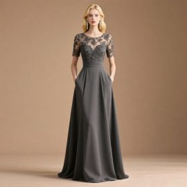 Elegant Gray Lace Long Evening Dress with Short Sleeves & High Waist