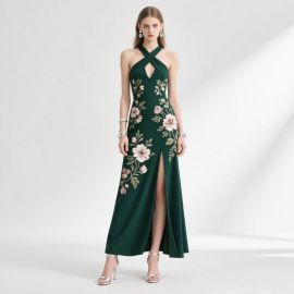 Emerald Green Cross - Neck Floral Embroidered Slit Maxi Dress