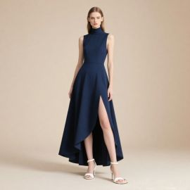 Navy Blue High-Neck Sleeveless Maxi Dress with Front Slit - Elegant Evening Gown