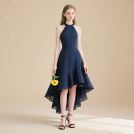 Navy Blue Halter Neck Asymmetric Hem Midi Dress - Elegant High-Low Skirt Evening Party Gown