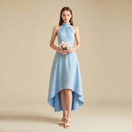 Elegant Light Blue High - Neck Asymmetric Hem Bridesmaid Dress