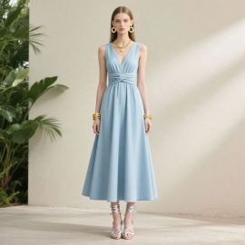 Elegant Light Blue Sleeveless V - Neck Cinched Waist Midi Dress