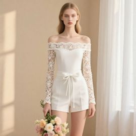 Elegant Off - Shoulder Lace Romper with Bow Tie Waist, White Summer Jumpsuit for Women