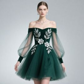 Emerald Green Off - Shoulder Tulle Dress with Sequin Floral Embroidery | Elegant Evening Gown