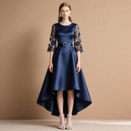 Elegant Navy Blue Satin High-Low Dress with Lace Sleeves & Belt - Formal Evening Gown