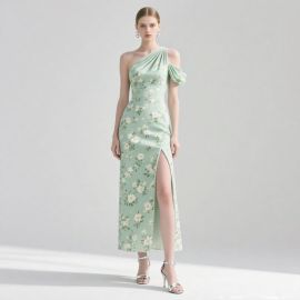 One-Shoulder Floral Print Slit Maxi Dress | Elegant Evening Gown