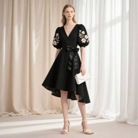 Elegant Black Dress: Floral Embroidered Puff Sleeves & High-Low Hem for Women