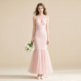 Light Pink Halter Neck Mermaid Maxi Dress - Elegant Bridesmaid/Evening Gown
