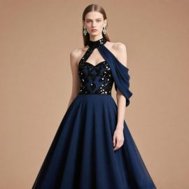 Navy Blue One-Shoulder Halter Gown with Sequined Bodice - Elegant Evening Dress