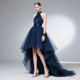 Navy Blue High - Neck Asymmetric Tulle Evening Dress