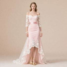 Pink Off - Shoulder Lace Wedding Dress with High - Low Hem and Long Sleeves