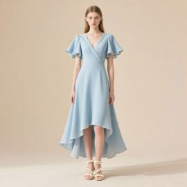 Light Blue V-Neck Asymmetric Hem Ruffled Sleeve Elegant Midi Dress