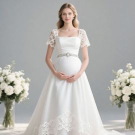 Chic Maternity Wedding Gown: Lace Short Sleeves, Square Neckline & Beaded Waistband