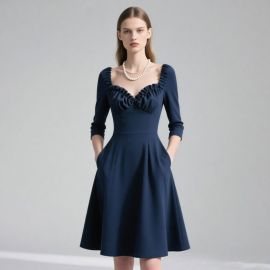 Navy Blue Ruffled Neckline Dress with Pockets & Three - Quarter Sleeves | Elegant Women's Fashion