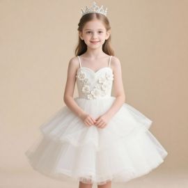 Kids White Princess Dress with Flower Embellishment & Tulle Skirt - Wedding/Party Wear