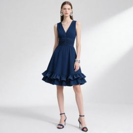 Navy Blue Sleeveless V-Neck Ruffled Hem A-Line Dress - Elegant Cinched Waist Party Dress