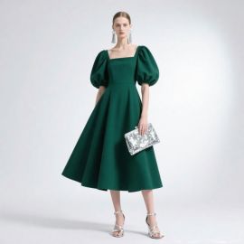 Emerald Green Puff Sleeve Square Neck Midi Dress - Elegant Vintage Style Women's Fashion