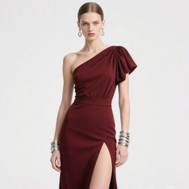 Burgundy One - Shoulder Ruched Gown with High Slit - Elegant Evening Dress