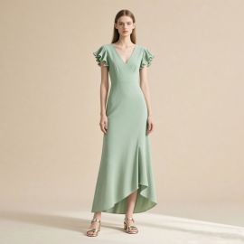 Mint Green Ruffled Sleeve Asymmetrical Hem Maxi Dress - Elegant V-Neck Evening Gown