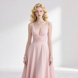 Elegant Pink Deep V Neck Ruched Waist Long Chiffon Evening Dress