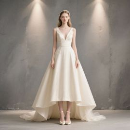 Elegant Deep V-Neck Asymmetrical Hem Wedding Dress - Chic Bridal Gown