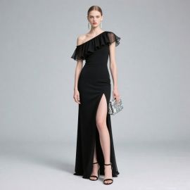 Elegant Black One-Shoulder Gown with Ruffled Detail & High Slit - Evening Dress