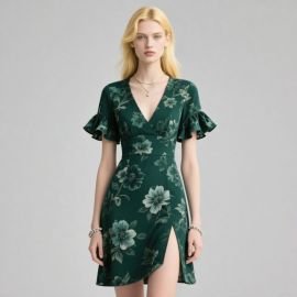 Chic Green Floral Print Deep V-Neck Ruffled Sleeve High Slit Midi Dress