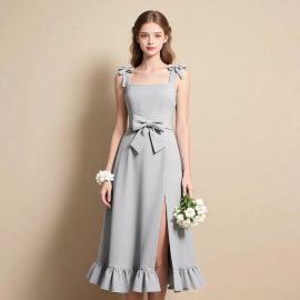 Light Gray Bow-Embellished Midi Dress with Slit & Ruffled Hem - Elegant Summer Style