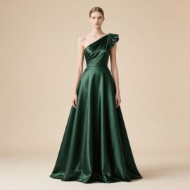 Elegant Emerald Green One - Shoulder Satin Gown with Ruffle Detail
