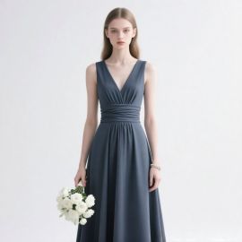 Elegant Slate Gray V-Neck Sleeveless Cinched-Waist Maxi Dress