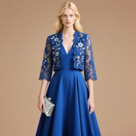 Elegant Blue Lace Embroidered Jacket & Satin Skirt Formal Dress for Evening Events