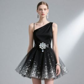 One - Shoulder Black Party Dress with Sparkly Tulle Skirt & Embellished Belt
