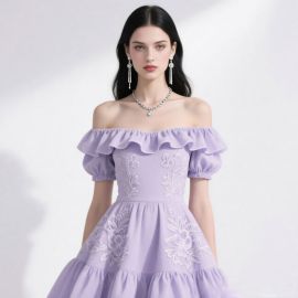 Lilac Off - Shoulder Ruffled Embroidered Dress with Puff Sleeves