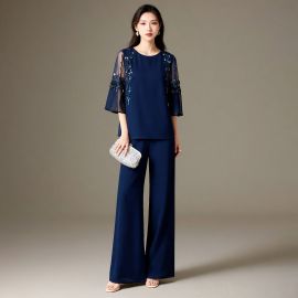 Elegant Navy Blue Embroidered Sheer Sleeve Wide-Leg Pantsuit for Evening Occasions