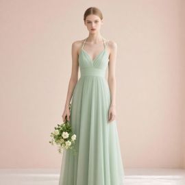 Elegant Mint Green Spaghetti Strap Long Dress | V - Neck Bridesmaid Gown for Weddings & Events
