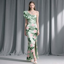One - Shoulder Green Floral Satin Evening Gown with Ruffled Detail & High Slit