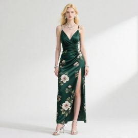 Elegant Deep Green Floral Print Spaghetti Strap Maxi Dress with High Slit