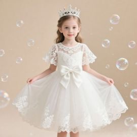 Elegant Girls White Lace Princess Dress with Big Bow - Wedding & Party Perfect