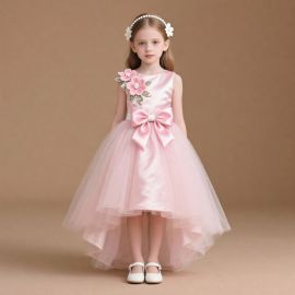 Charming Pink Girls Dress with Flower Applique & Big Bow - Elegant Tulle Skirt for Weddings & Parties