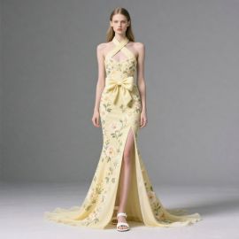 Elegant Yellow Floral Print Cross Halter Gown with Big Bow & High Slit