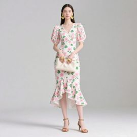 Floral Print Puff Sleeve V-Neck Asymmetric Ruffle Midi Dress