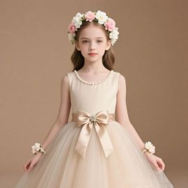 Elegant Girls' Formal Dress: Pearl Neckline, Big Bow, Tulle Skirt for Weddings & Parties