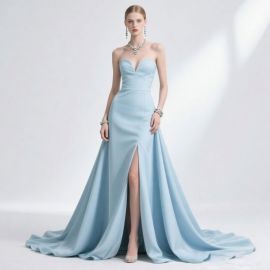 Elegant Light Blue Strapless Gown with High Slit - Formal Evening Dress
