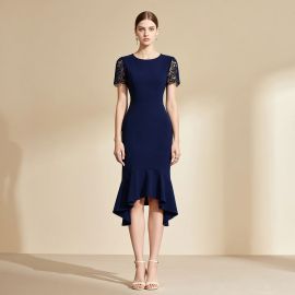 Elegant Navy Blue Midi Dress with Lace Short Sleeves & Asymmetric Ruffled Hem