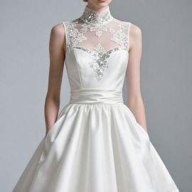 Elegant High-Neck Wedding Dress with Lace & Sequins, Satin Ball Gown Style