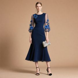 Navy Blue Midi Dress: Sheer Floral Sleeves & Elegant A-Line Skirt