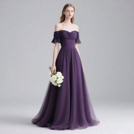 Elegant Purple Off-Shoulder Ruffled Long Gown for Bridesmaids & Formal Events