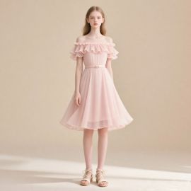 Pink Off - Shoulder Ruffled Chiffon Dress for Girls - Elegant Party Wear
